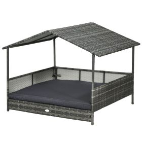 Outdoor Dog Bed with Canopy, Rattan Dog Bed with Soft Cushion Removable Cover for Medium and Large Dogs, Dark Gray