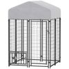 Welded Wire Outdoor Dog Kennel with 360° Rotating & 4 Levels Adjustable Bowls, Waterproof Cover, 3.9' x 3.9' x 6